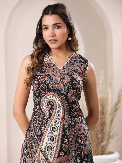 Black Pure Cotton Paisley Printed Straight Kurta Pant Set